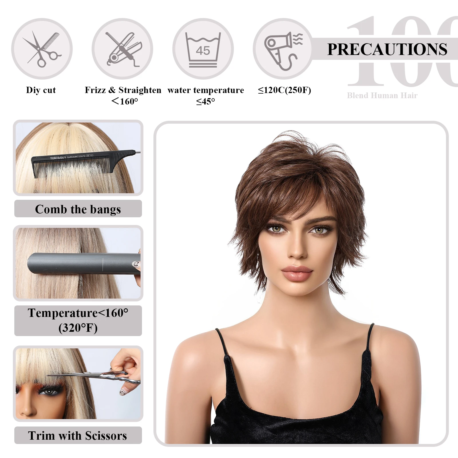 Short Pixie Cut Human Hair Blend Wigs For Women Chestnut Brown Layered Wavy Bob Blend Human Hair Wigs With Bangs Women Daily Wig