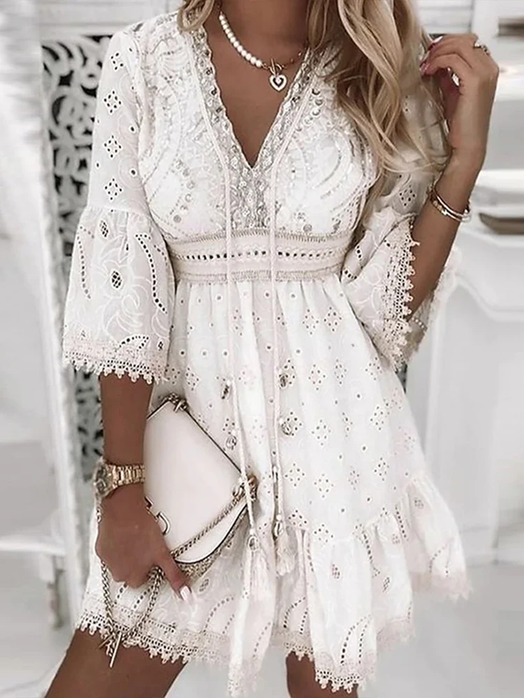 Boho Kleid Wei Spitze