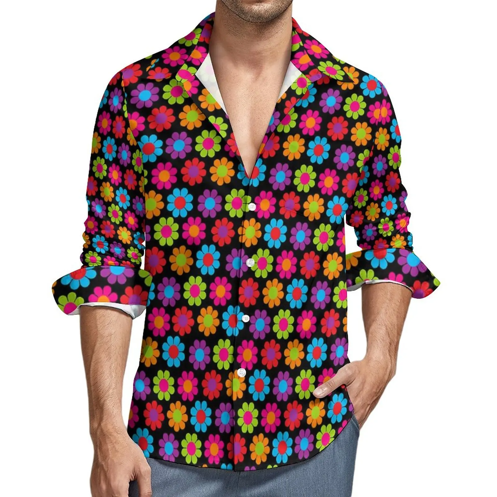 

Flower Power Casual Shirts Male Colorful Floral Shirt Long Sleeve Trendy Stylish Blouses Spring Custom Clothing Plus Size