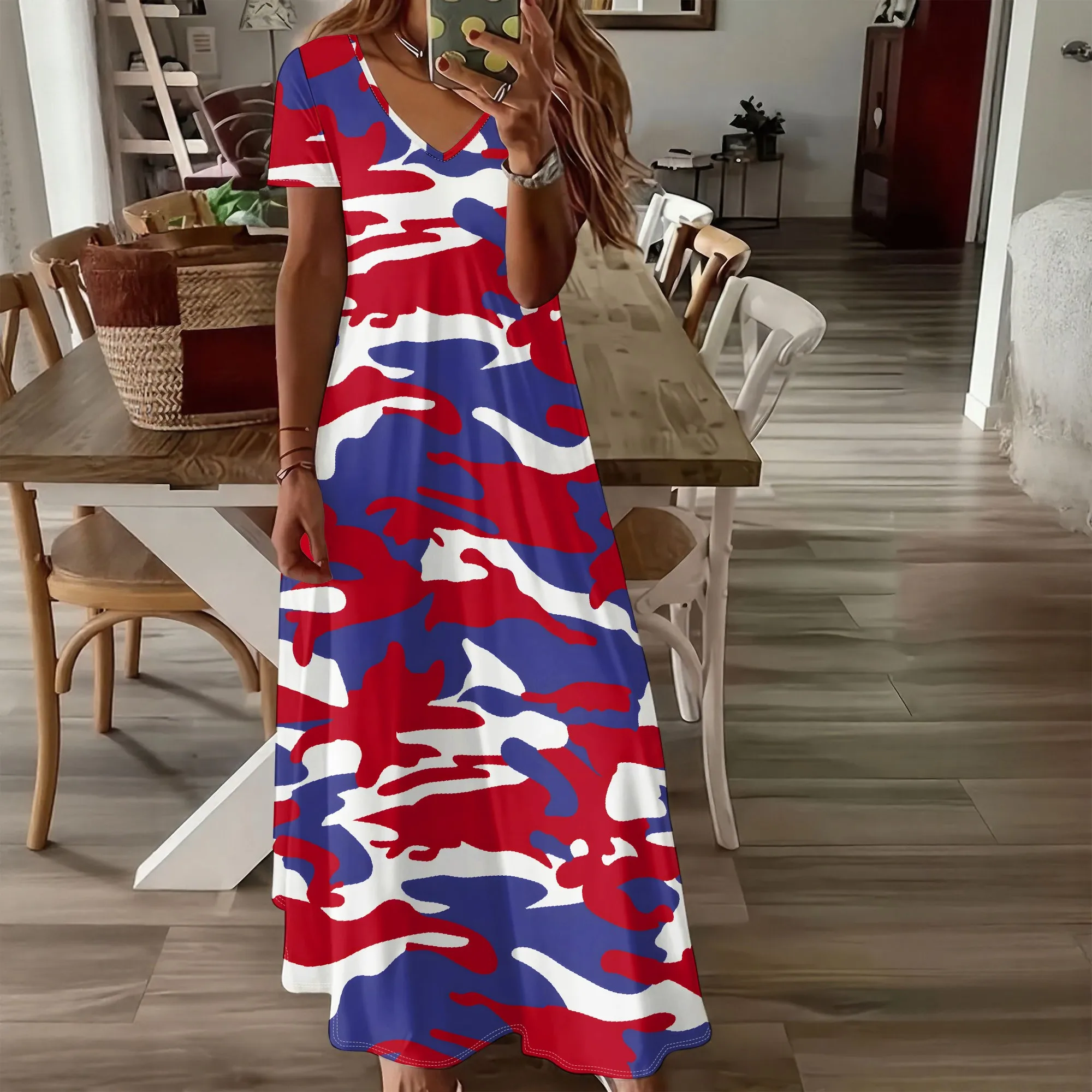 Sommerliches Damenkleid mit Kurzen Ärmeln und V-Ausschnitt, 3D-Modisch Bedrucktes Kleid, Lässiger Urlaubsstil
