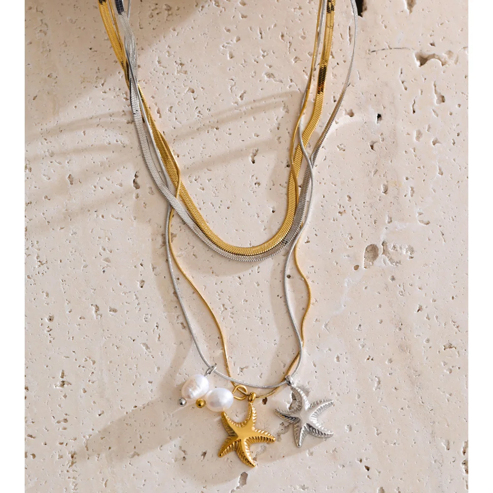 Yhpup Stainless Steel Natural Pearl Starfish Pendant Necklace