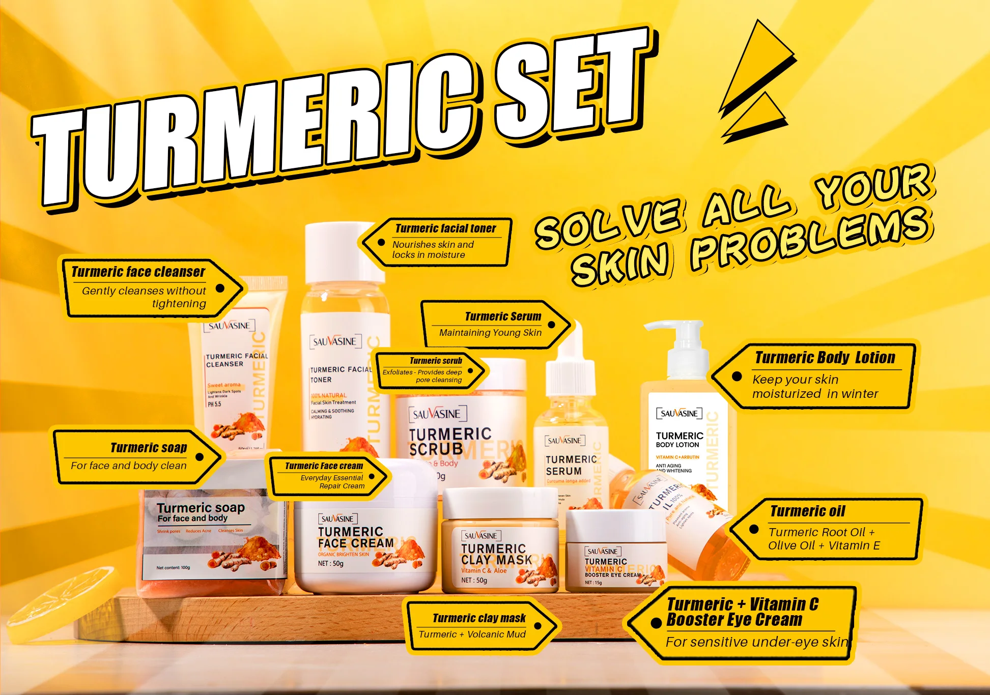 Professional Turmeric 10 Sets Whitening Moisturizing Brightening Serum Cream Remove Acne Lighten Dark Spots Anti Aging Cleansing aravia professional оживляющая сыворотка флюид vitality serum