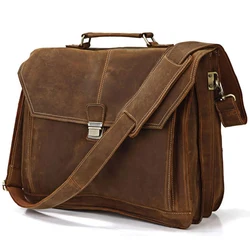 Vintage Crazy Horse Genuine Leather men Briefcase Large Business bag Leather Office 15