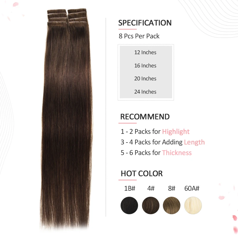 Vlasy Tape in Human Hair Extensions 12" 16" 20" 24" Tape Hair Extension Straight 8/16PCS PU Skin Invisible Adhesive