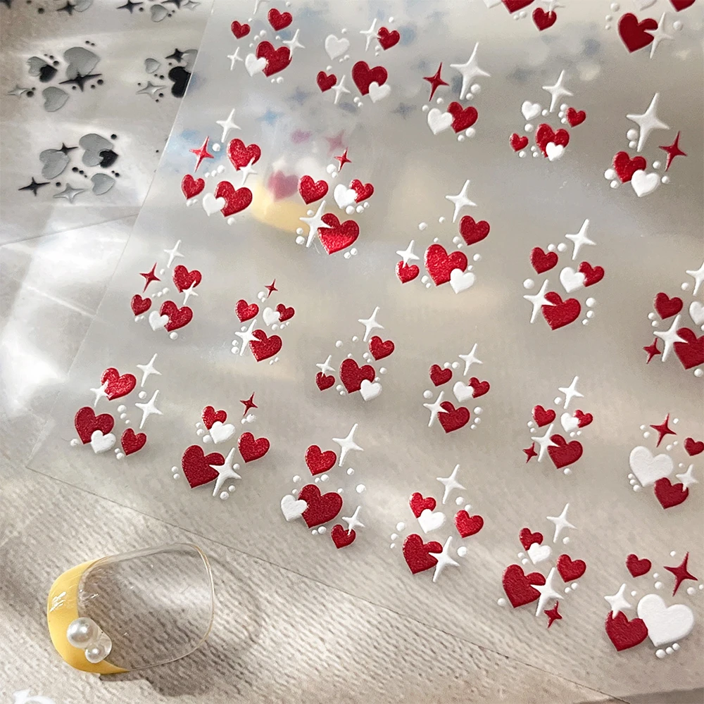 1개 레드&화이트 하트 스타버스트 네일 스티커 발렌타인데이 레드 하트 글리터 네일 스티커 귀여운 복숭아 하트 매니큐어 데칼