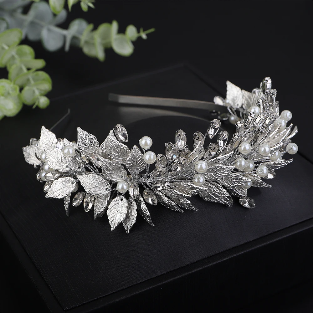Bridal Crown Headband Hair Accessories for Women Pearl Rhinestones Diamonds Leaves