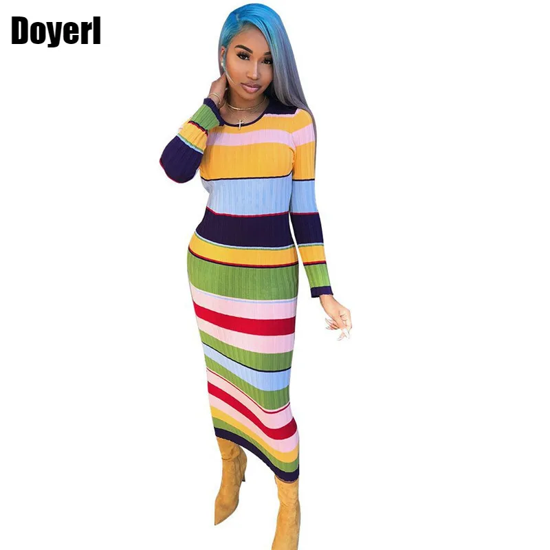Rainbow Striped Maxi Dress Women Autumn 