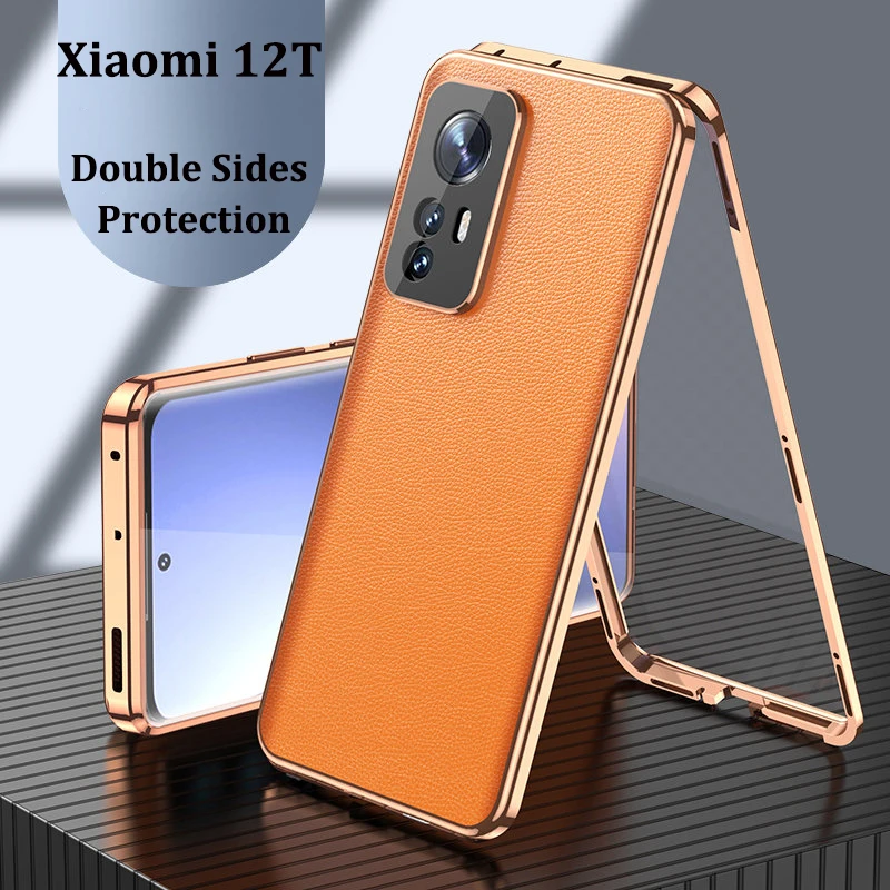 360 Full Protection Metal Bumper Clear Front Glass Case For Xiaomi 12T Xiaomi12T with Back PU Leather Skin Cover Phone Protector