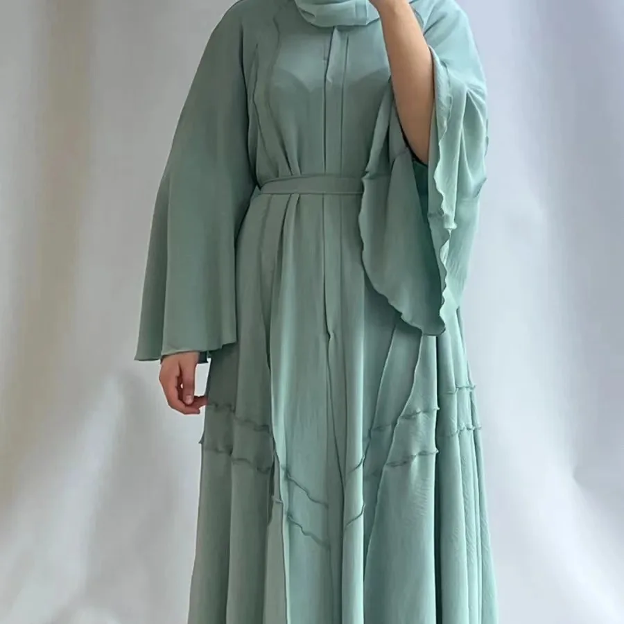 

1 Piece Muslim Set Hijab Dress Plain Eid Abayas for Women Dubai Open Abaya Robes Dresses African Islam Clothing With Belt