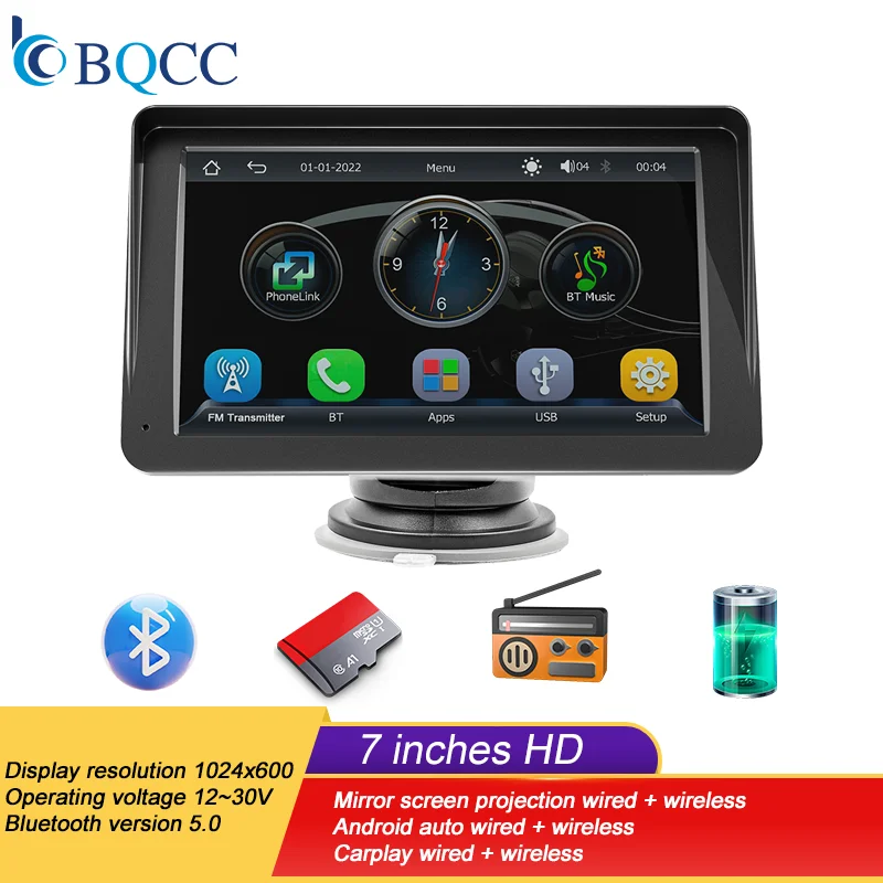 Car Multimedia Player 7 Inch HD Car Radio Portable CarPlay Android Touch Screen with USB AUX for Rear View Camera