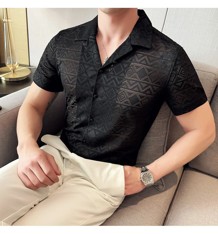 Spring/Summer Short Sleeved Shirt for Men Tailored Collar Lace Shirt Fashion Nightclub Social Party Tuxedo Blouse Streetwear