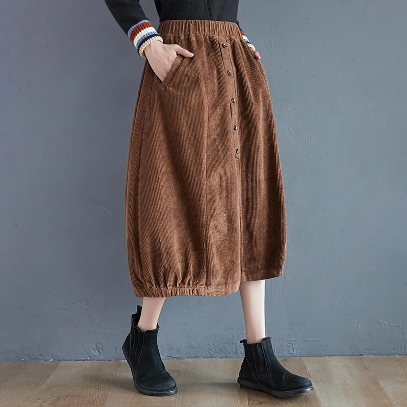 

New Arrival Autumn Arts Style Women Loose Casual A-line Mid-calf Skirt All-matched Elastic Waist Cotton Corduroy Skirts V163