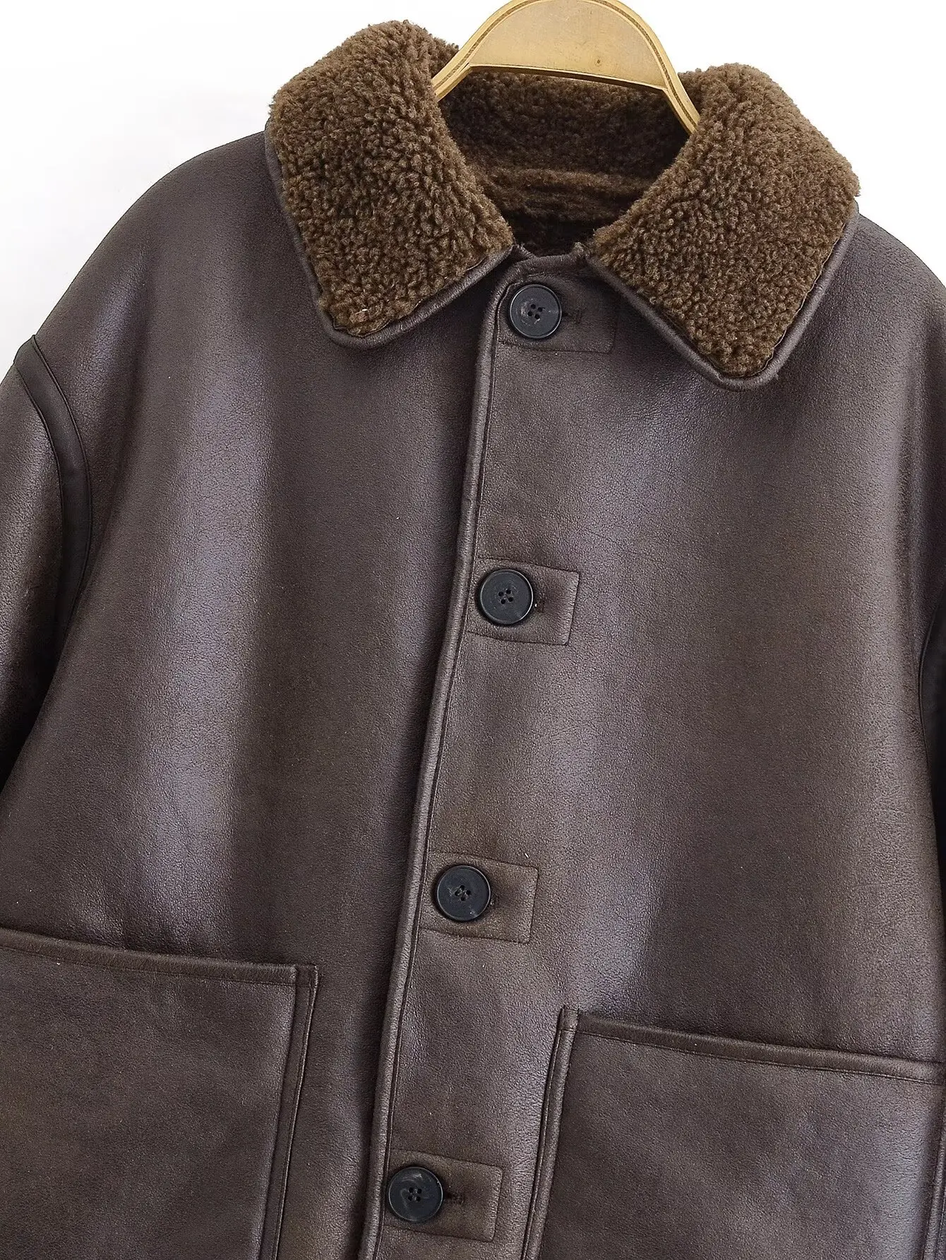 Women Autumn Winter Leatherette Jacket Female Double-Sided Coat Lady Single Breasted With Pockets Long Sleeved Jacket Streetwear