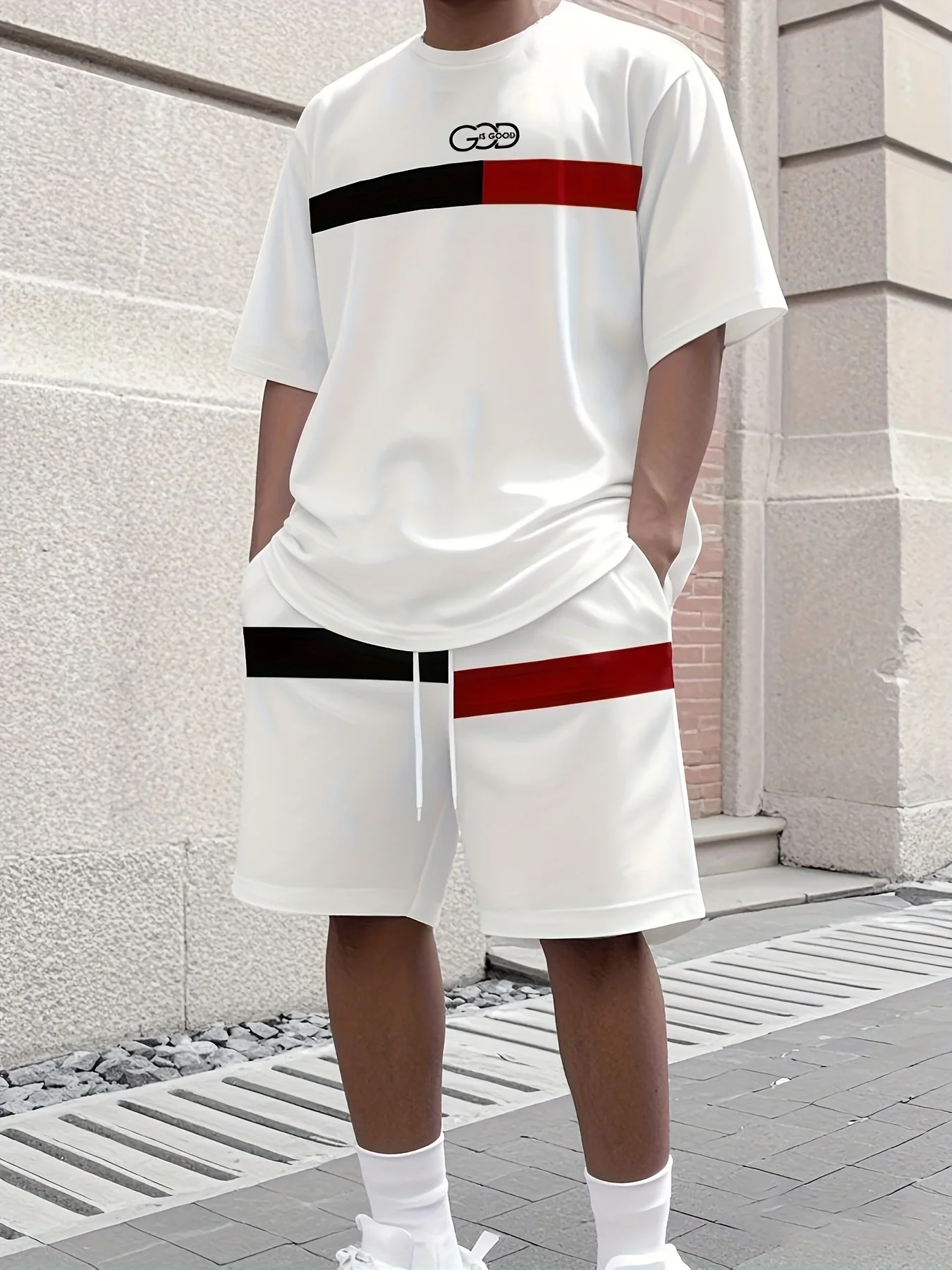 Large-size Loose Men's T-shirt Shorts 2-piece Set Casual Daily Short Sleeve Top Side Pocket Drawstring Shorts Set Men's Clothing