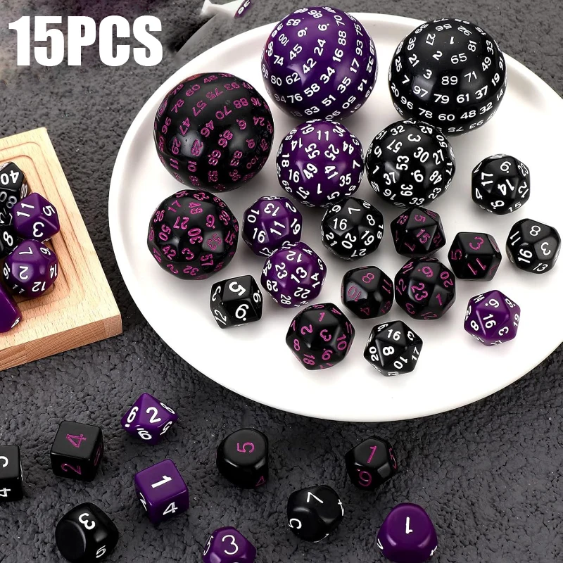 Polyhedral Dice D3-D100 Spherical 100 Sides Dices RPG Complete DND Opaque Black Role Playing Table Party Board Game 15Pcs/Set