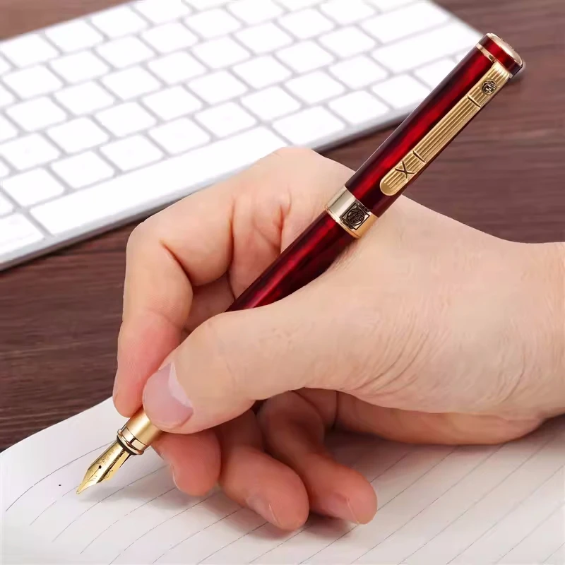 Pimio 902 블랙 골드 레드 잉크 만년필 비즈니스 금속 서명 펜, 이리듐 펜 선물 상자 세트 용품, 0.5mm, 1 개