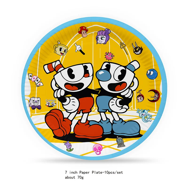 귀여운 CUPHEAD 테마 소년과 소녀 생일 파티 일회용 종이 컵 플레이트 컵케익 배너 라텍스 풍선 세트 장식 용품