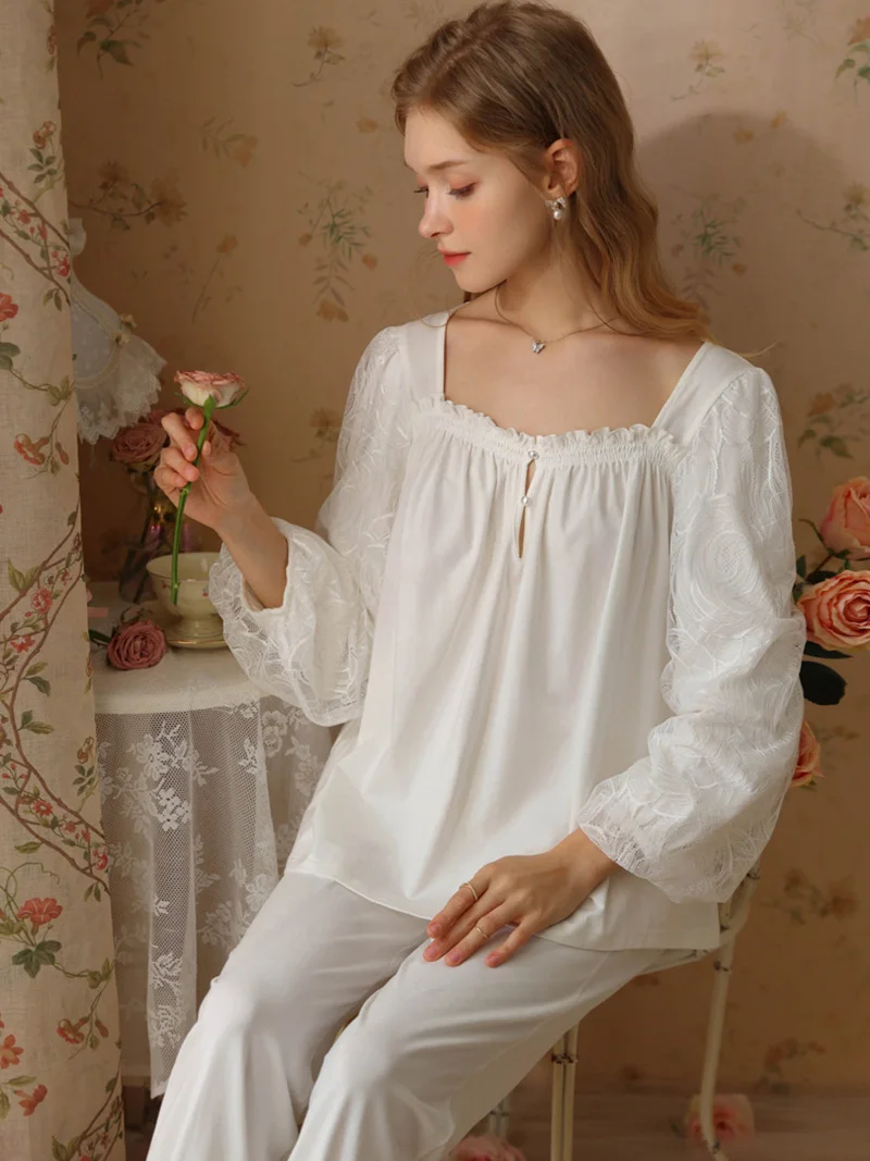 

Women Spring Long Sleeve Victorian Two Piece Sets Vintage Princess Pajamas Nightwear Sweet Girl Ruffles Sleepwear Loungewear