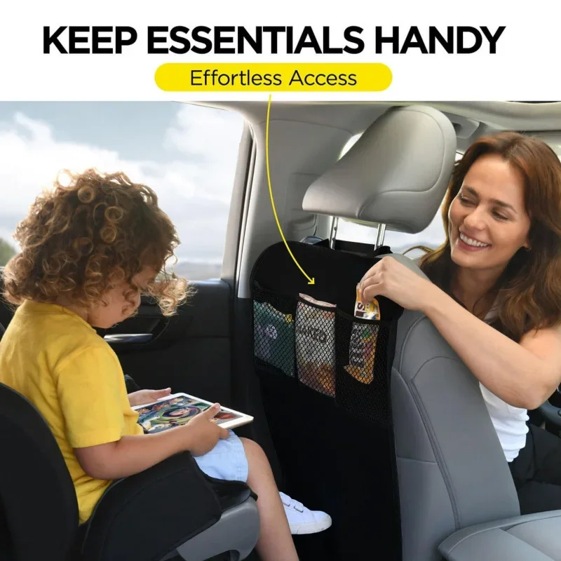 Black Seat Cover for Kids with 3 Pocket Storage Organizer, Waterproof Kick Mats Backseat Protector, Car Seat Back Protectors 2