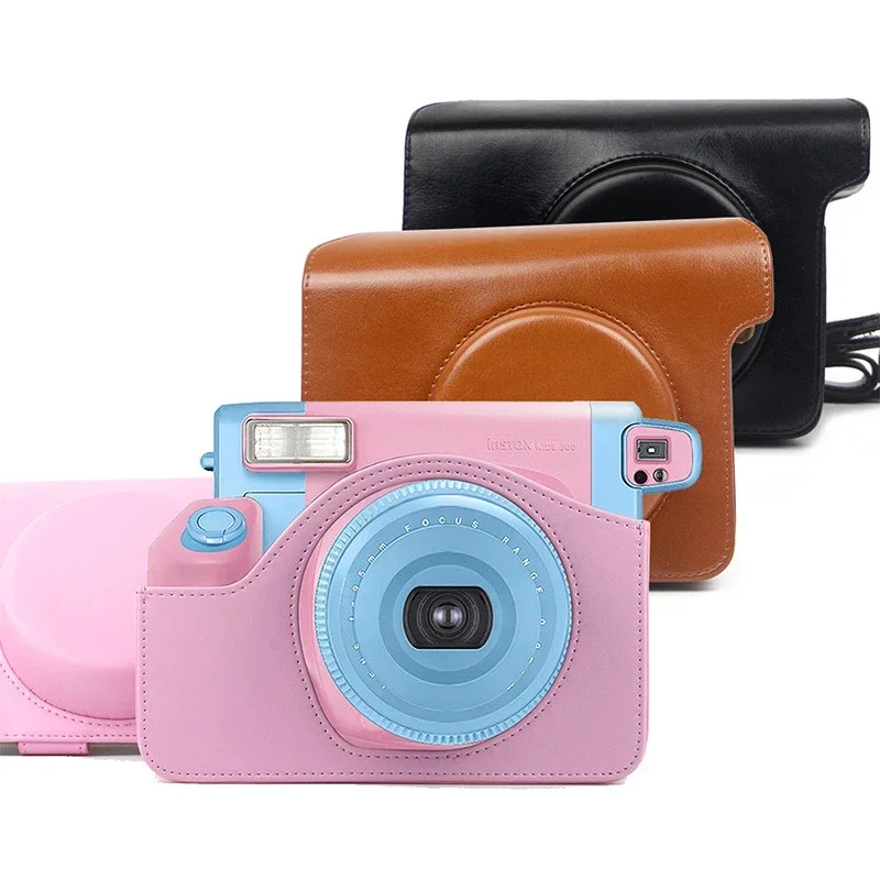 PU Leather Camera Case Shoulder Strap Bag For FUJIFILM Instax Wide 300 Vintage Solid Color Instant Camera Cover