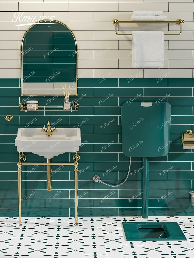 ~Retro dark green squat toilet household toilet with trap water tank complete set of ceramic squat pit type 4
