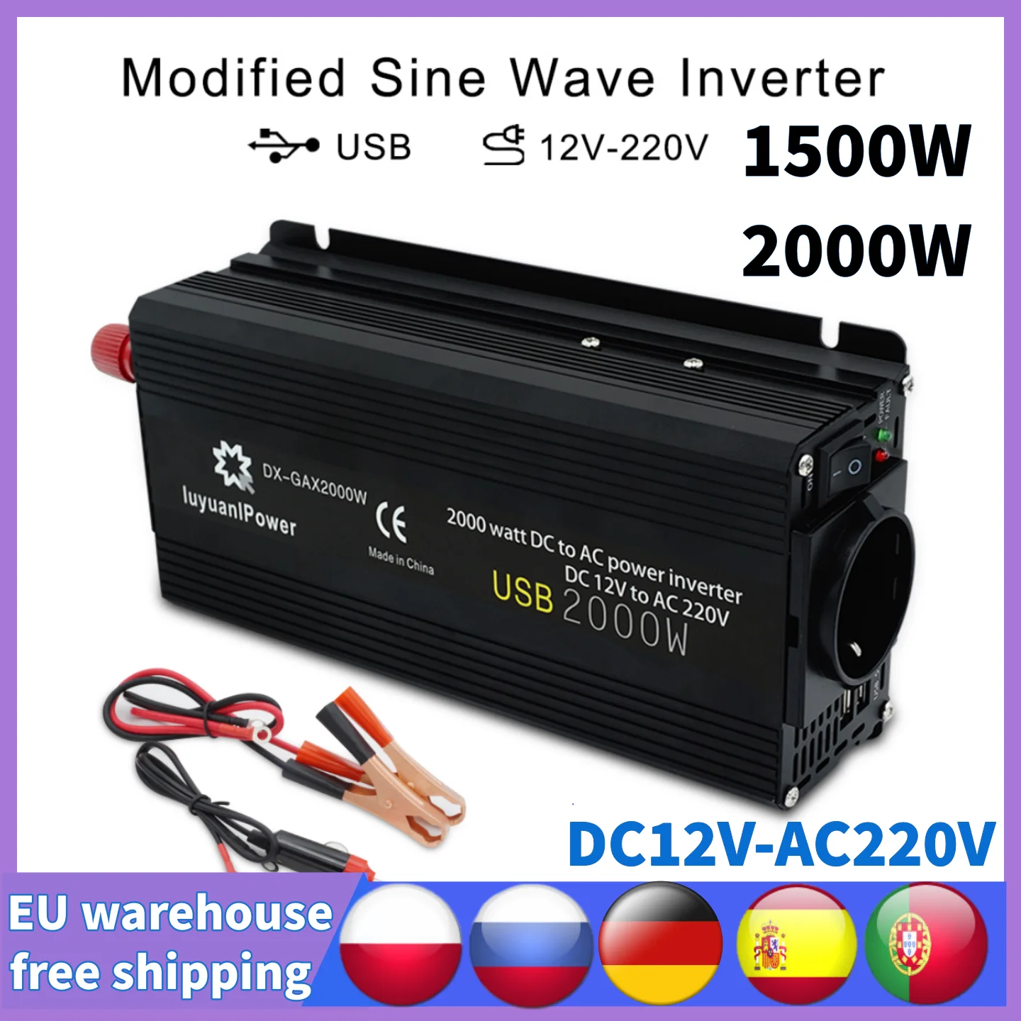 1500W/2000W Inverter Di Energia Solare Dc 12V A Ac 220V 230V Convertitore Di Tensione Presa Ue Spina Accendisigari Per Auto Accessori Auto
