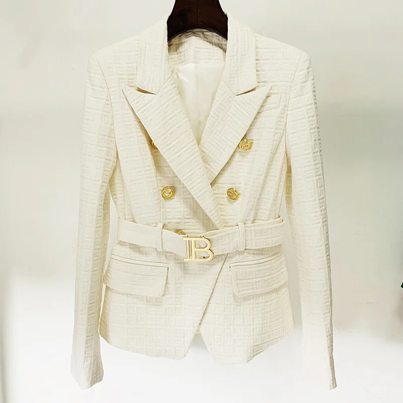 

Spot 2023 Euro American star new double breasted slim maze pattern cotton linen jacquard belt Blazer coat