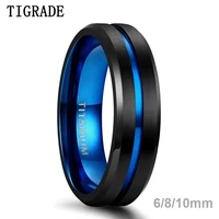Tigrade Titanium Ring 6mm 8mm 10mm Black Blue Centre Groove Wedding Band Comfort Fit Matte for Men Women 1