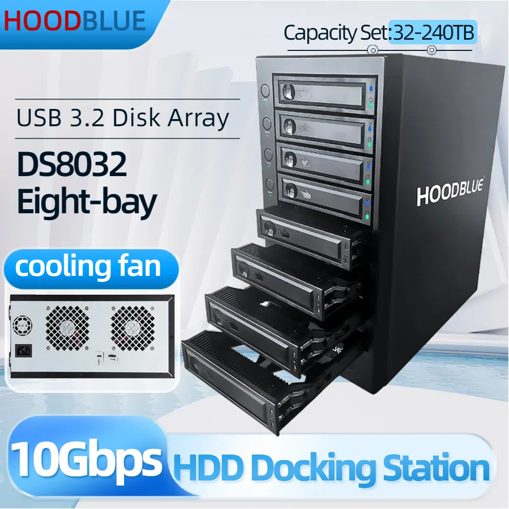 HOODBLUE DS8032 10Gbps 8베이 HDD 도킹 스테이션 2.5인치/3.5인치 HDD/SSD 하드 드라이브 인클로저 SATA-USB 3.2 디스크 어레이 외장 케이스