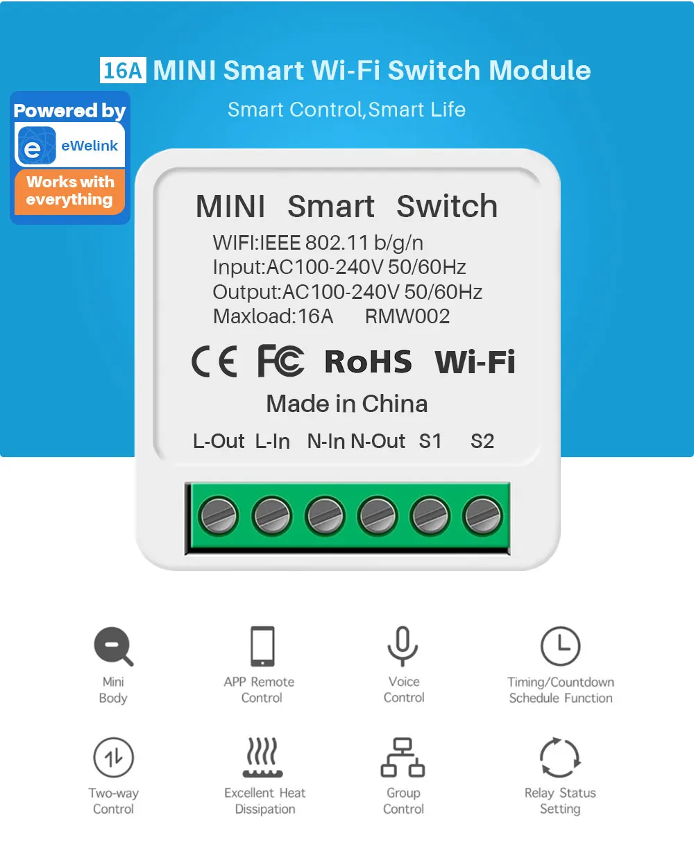16A eWelink Wifi Mini Smart Switch 2-Way DIY Switch Circuit Breaker Timer Module