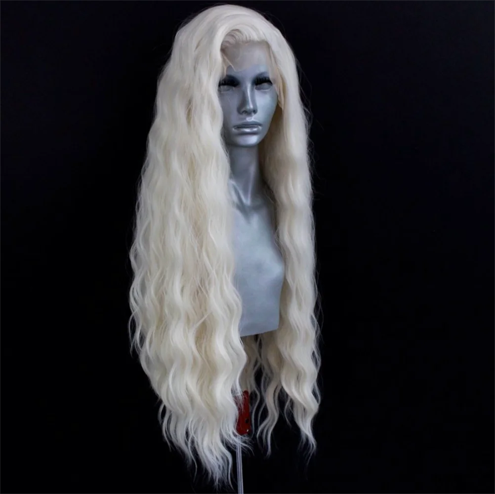 Platinum Blonde Wave Wig Synthetic Lace Front Wigs For Women Long Natural Wave Lace Hair White Black Pink Wig Loose Curl Cosplay 2