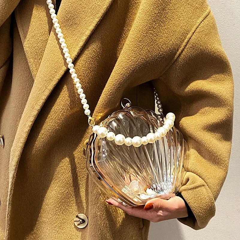 Pearl Chain Acrylic Clutch Bag - Transparent Shell Evening Purse for Women, Crossbody & Shoulder Strap Party/Wedding Accessory