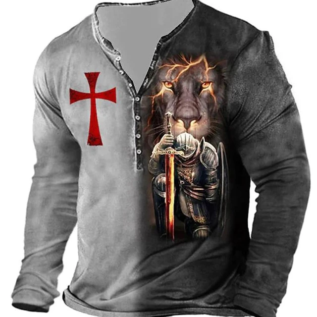 Vintage męskie bawełniane koszulki Knights templariuszy drukuj 3D t-shirty  letnie swetry typu oversize koszulka z długim rękawem Casual Button-odzież  puchowa - AliExpress