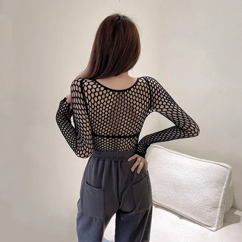 Women's Gothic Fishnet Mesh Long Sleeve Crop Top T-Shirt | See-Through Hollow Out Streetwear | Black Skinny Goth Tee