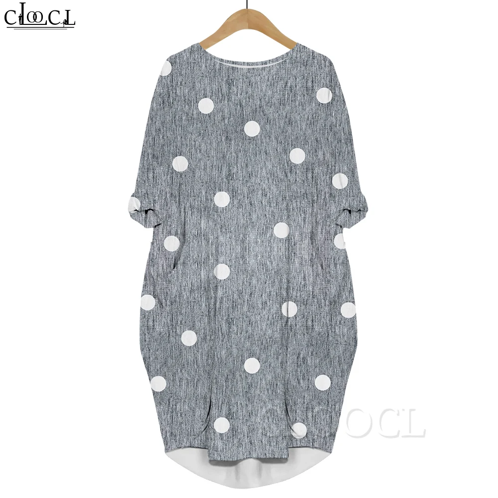 

CLOOCL Women Dress White Dots 3D Graphics Printed Daughter Dresses Long Sleeve Knee-length Female Pocket Dresses Gray Dress