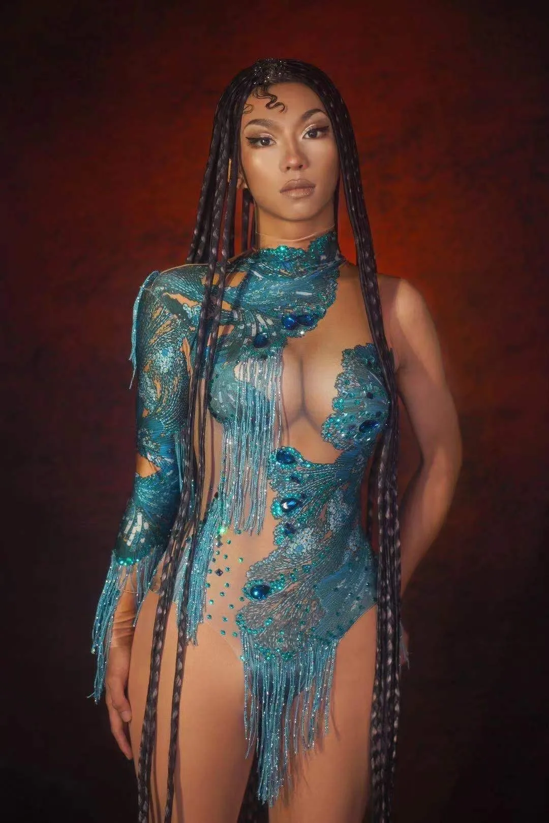 

Blue And Yellow Shining Rhinestones Sexy One Sleeve Perspective Tassel Bodysuits For Women Nightclub Prom Wear Stage Costumes