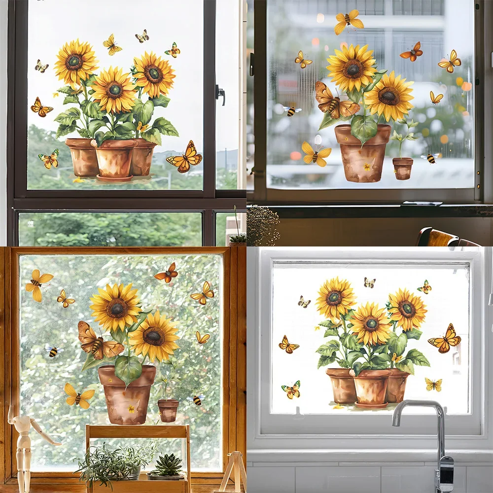 1PCS Creative Potted Sunflower Butterfly Glass Window Home Landscaping Decoration Electrostatic Uv Window Sticker