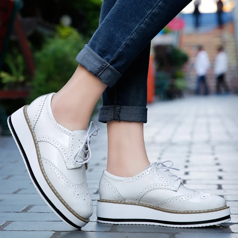STRONGSHEN British Style Women Brogue Shoes Round Toe Oxfords Platform Casual Leather Footwear Increase 4.5cm Sapatos Chaussures 3