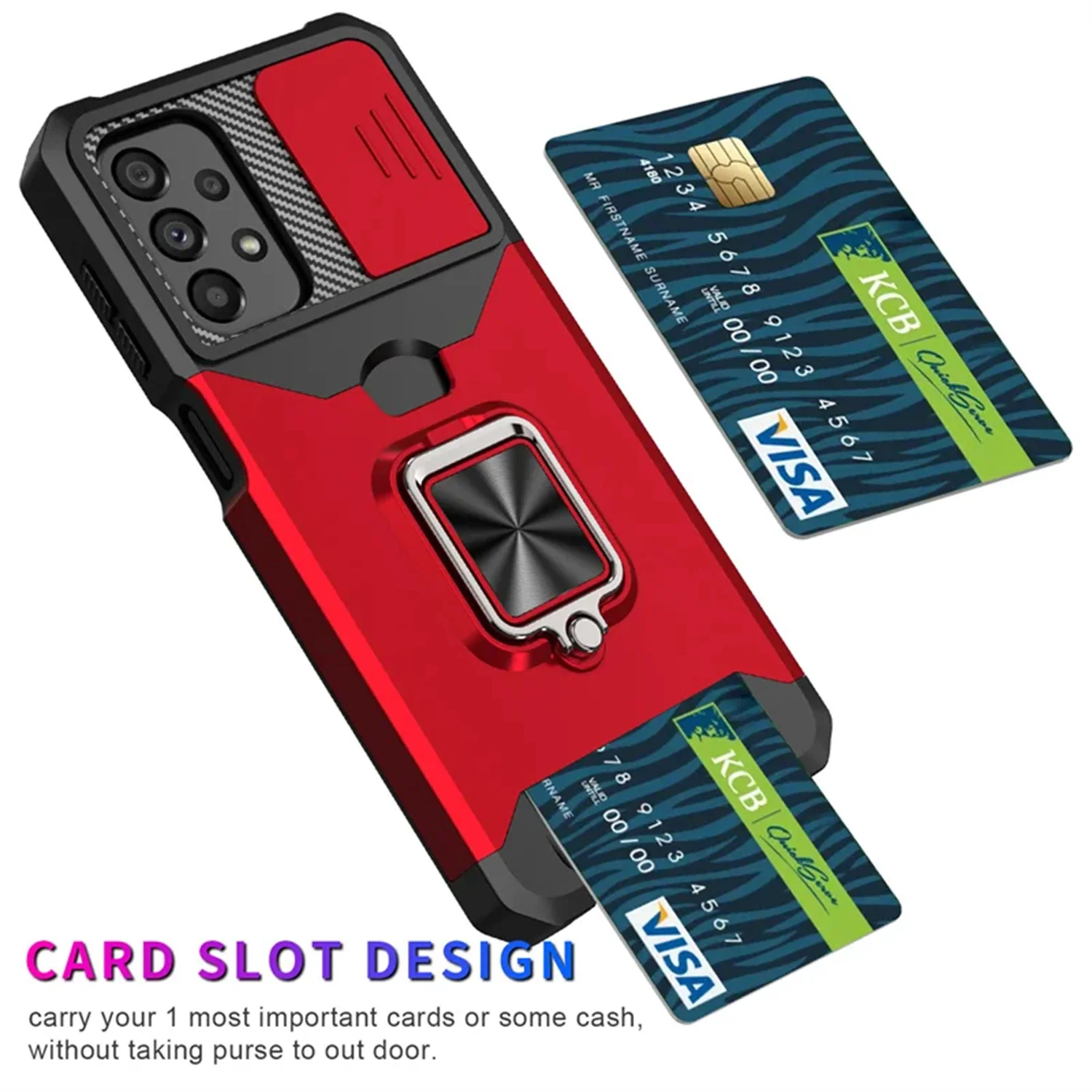 Premium Card Holder Case with Ring Stand & Rotating Slide Camera Lens - Military Armor Design