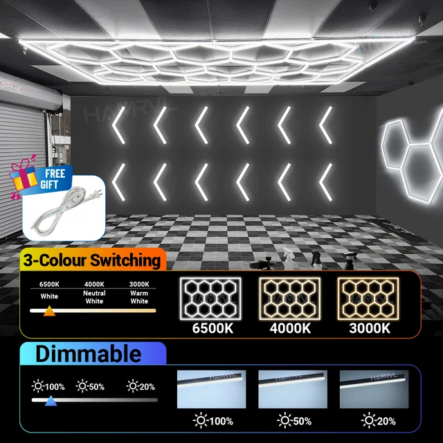 หรี่แสงได้หกเหลี่ยมไฟโรงรถ 3 สีเปลี่ยน 6000K4000K3000K Gym Honeycomb LED Tube รายละเอียดรถ Workshop ตัดผมโคมไฟเพดาน 1