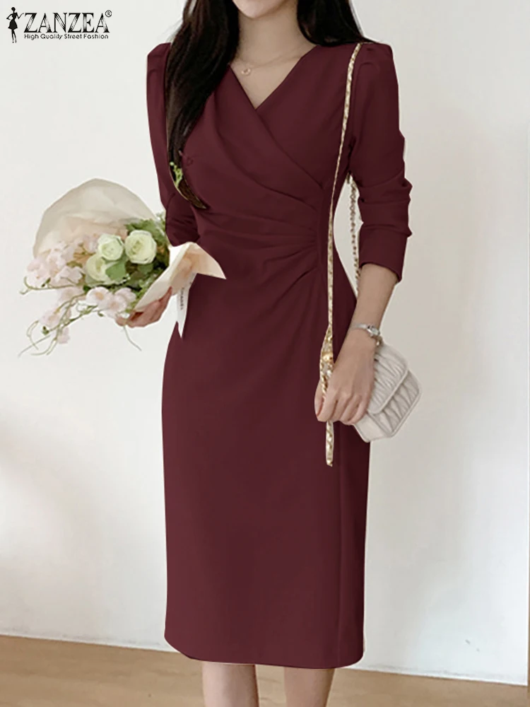 

2023 элегантное женское платье ZANZEA с V-образным вырезом и длинным рукавом, весеннее модное боди, сарафан, повседневное Плиссированное офисное платье, платье миди, халаты