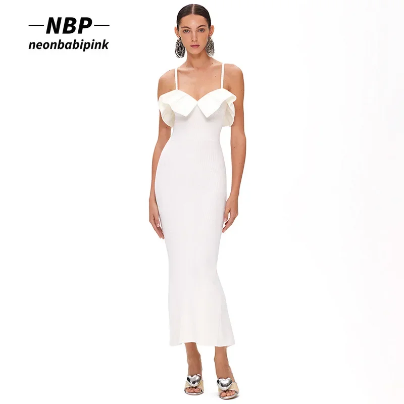 

Элегантные пикантные белые платья NEONBABIPINK для женщин во французском стиле на бретельках с оборками и V-образным вырезом с открытой спиной длинное облегающее платье N85CH30