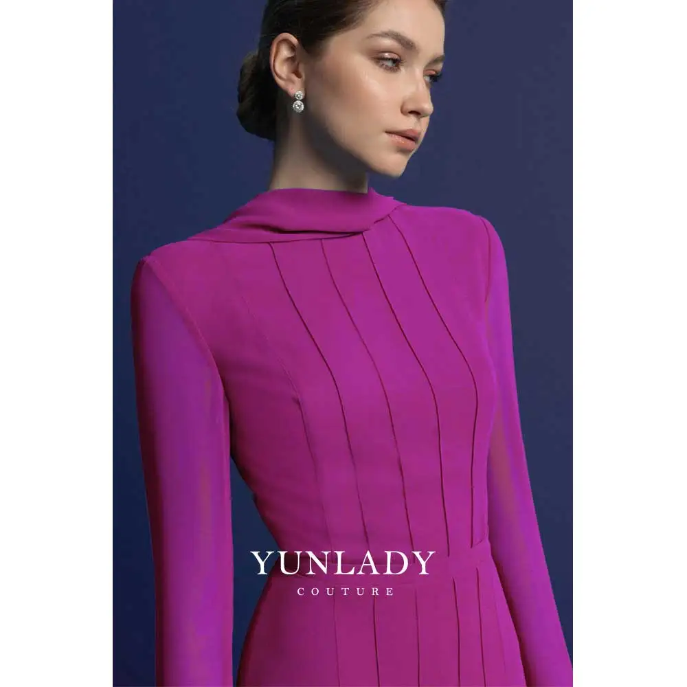 

YUNLAN Elegant Pink Women's Chiffon Pleated Skirt Evening Dress for Mom 2024 Dubai Wedding Guest Long Sleeve A-Line Party Dress