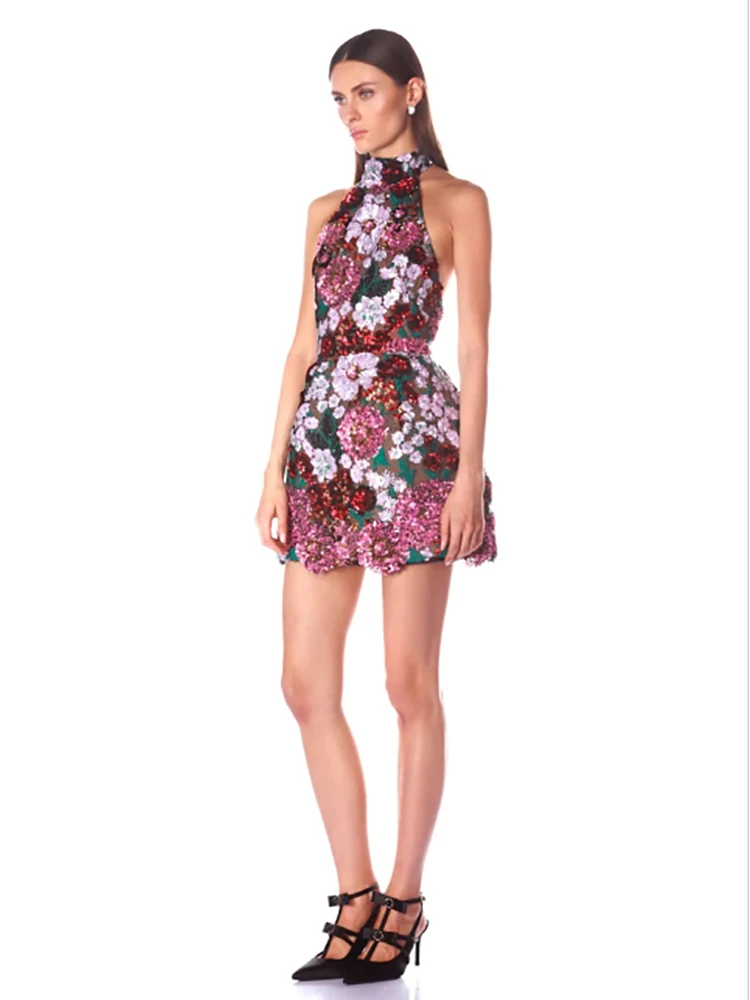 Sexy Backless Halter Neck Embroidered Flower Sequin Mini Dress Women  Sleeveless Floral Sequin Slim Dress Evening Party Runway