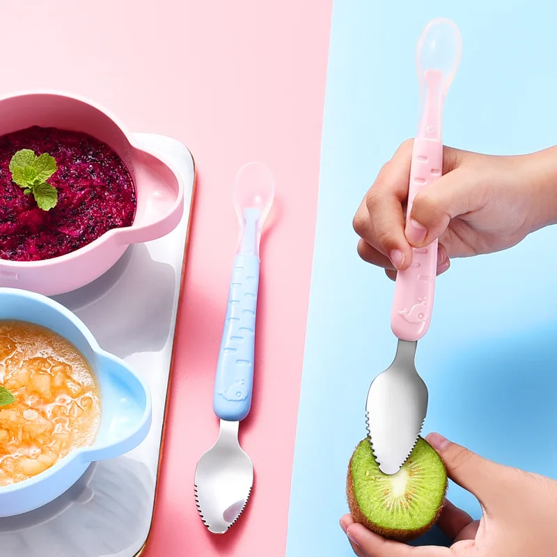 Baby Double Head Silicone Stainless Steel Children Utensil Toddler Infant Food Eating Fruit Scraping Mud Spoon Feeding Tableware baby cutlery