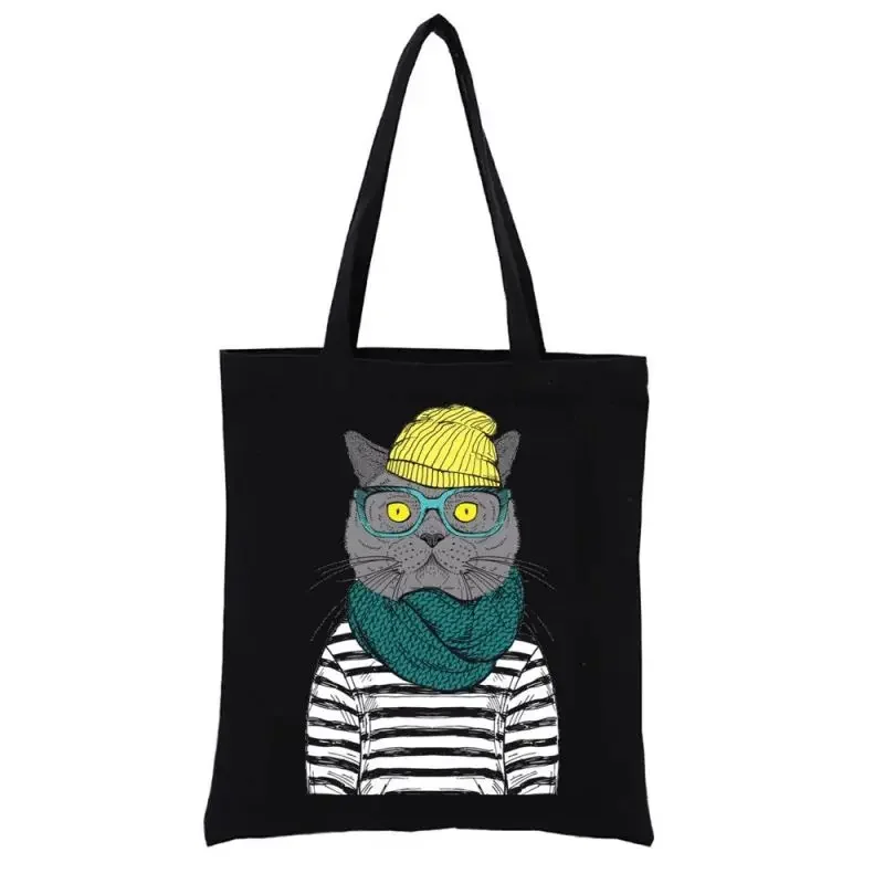 

Canvas Shopping Bag Cat In Striped Clothes Custom Tote Bag Aesthetic Women's Handbag Funny Female Handbags Shopper Totebag Eco