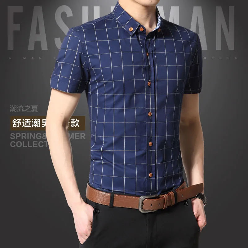Men Short Sleeve Shirts Plus Size M-5XL Cotton Plaid Casual Slim Fit Striped