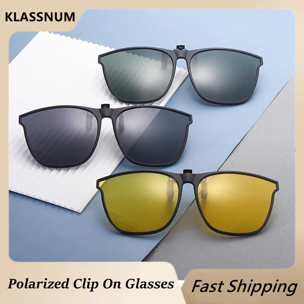 

KLASSNUM Polarized Flip-up Sunglasses Clips For Myopia Glasses Retro Big Size Square TAC Material Glasses Clip-on Sunglass Clip