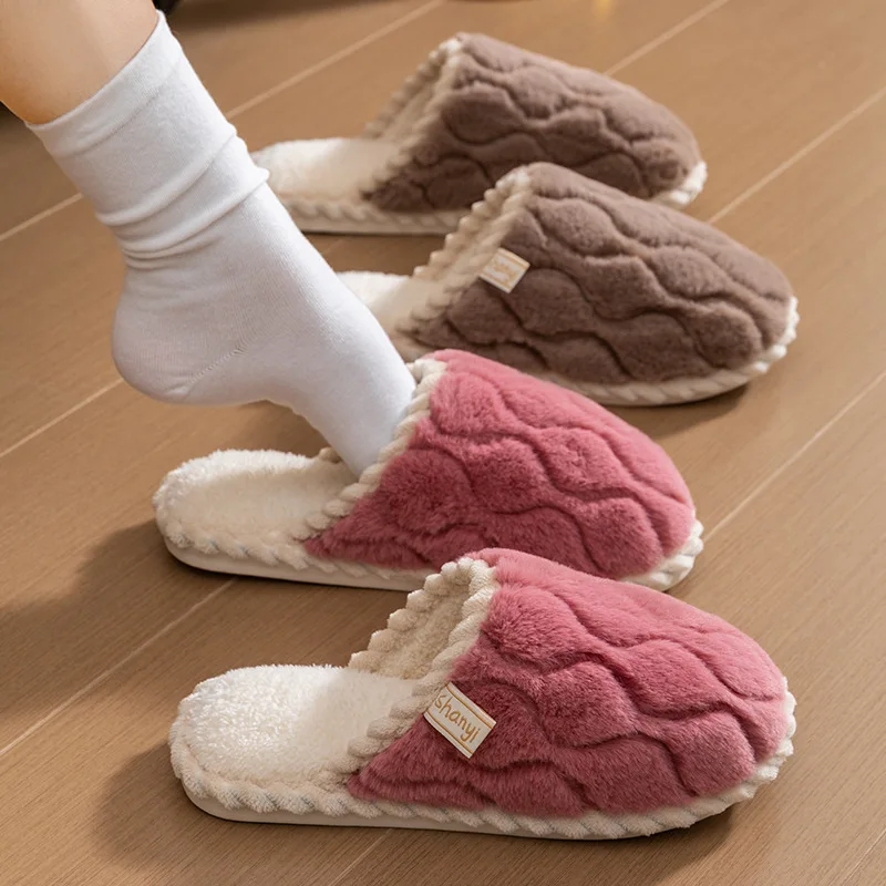 New Women Cotton Slippers House Couples Fluffy Slides Autumn Winter Solid Warm Plush Slippers Bedroom Ladies Cotton Shoes TG28 3