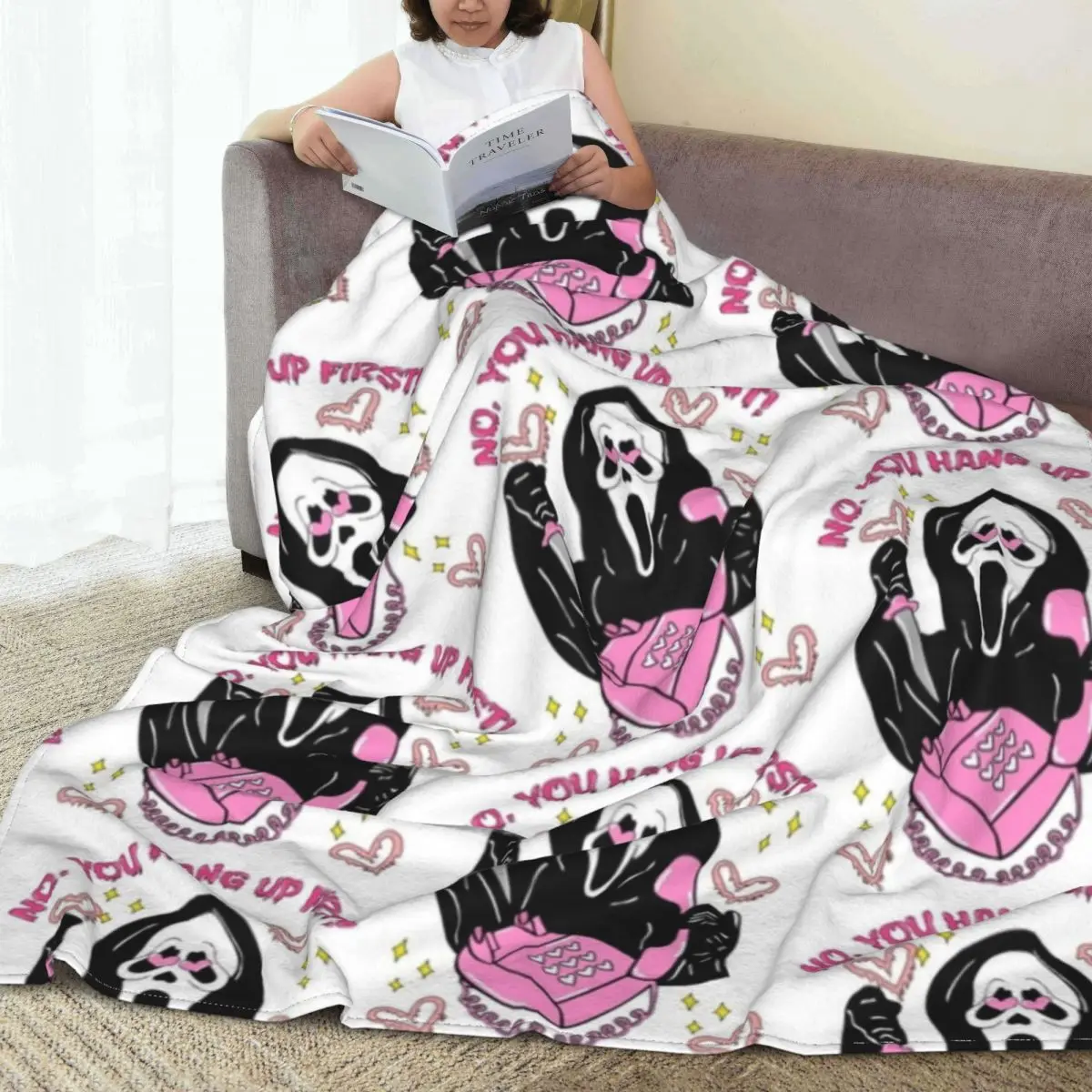 

Halloween Blanket Pink Phone Scary Camping Flannel Bedding Throws Soft Durable Couch Chair Custom Bedspread Gift Idea